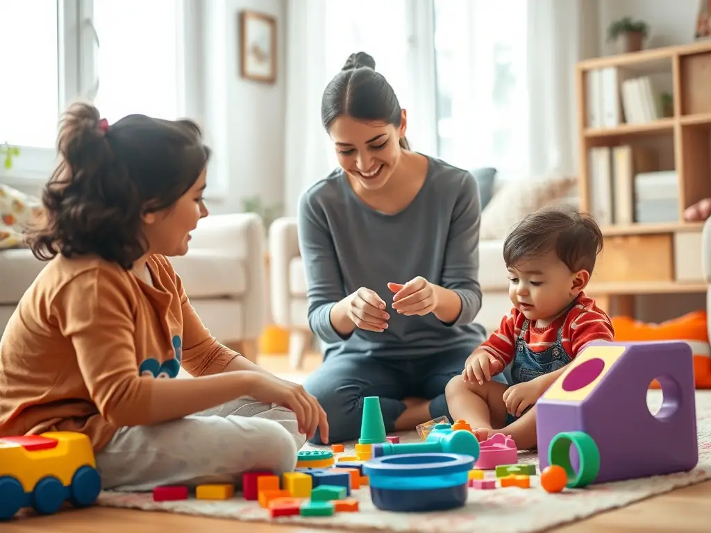 A Spanish-speaking mother engaging in a playful learning activity with her child at home, using materials and techniques provided by the Creciendo Juntos program. The scene is natural and reflects everyday life.