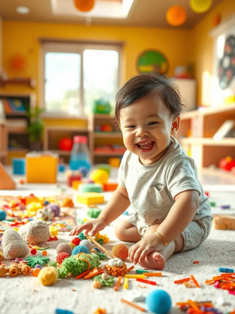 An image depicting a child engaging in sensory play with various textures and materials, emphasizing the importance of sensory regulation activities.