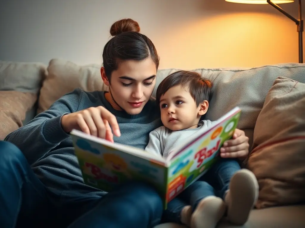 A heartwarming image depicting a parent reading a book with their child, both smiling, in a cozy living room setting. The scene should convey a sense of connection and learning.