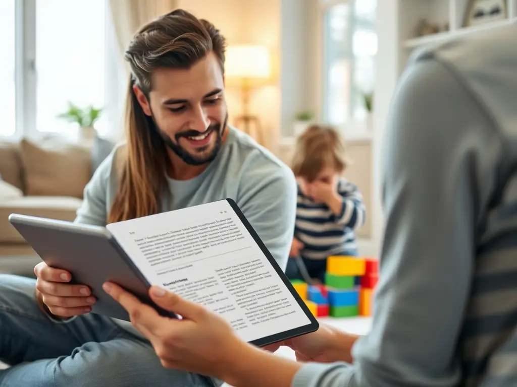 A heartwarming image of a parent interacting with their child, both smiling, in a brightly lit, comfortable home setting. The child is engaged in a simple learning activity, such as sorting colorful blocks. This image represents the 'Autism Awareness' module, emphasizing early intervention and understanding.