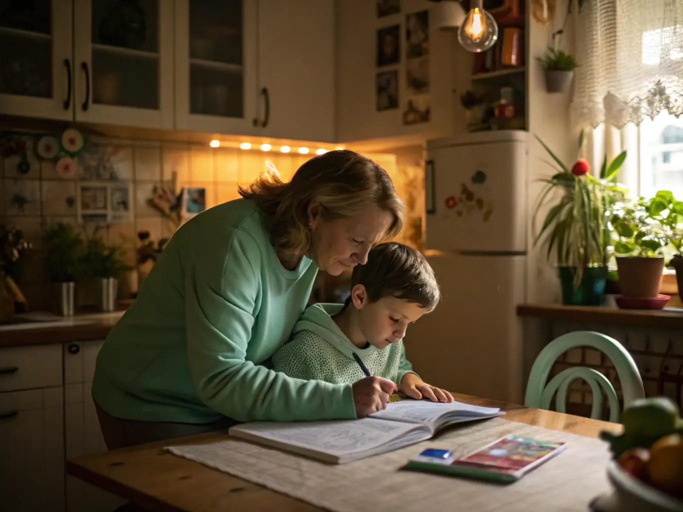 Imagen de una familia practicando ejercicios y actividades en casa, utilizando materiales proporcionados por el programa.