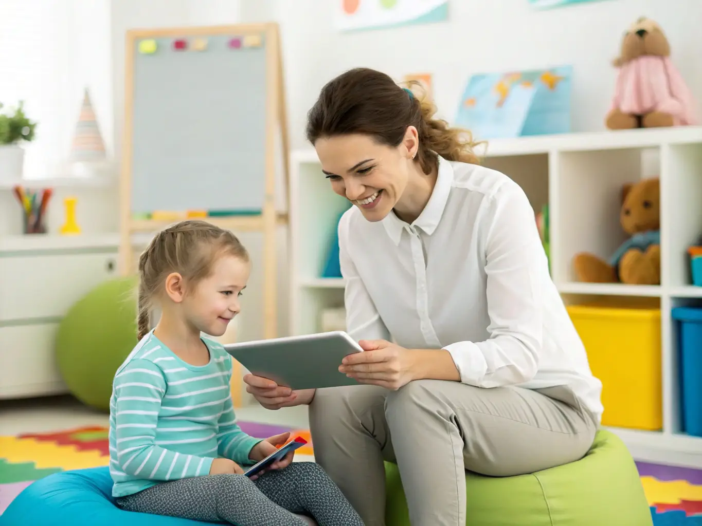 A photograph of a speech therapist working with a young child on communication skills. The therapist is using visual aids and positive reinforcement to encourage the child to express themselves. This image represents the 'Communication Strategies' module.