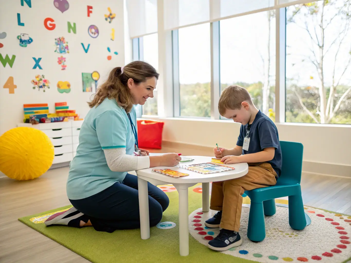 Imagen de un terapeuta hispano mostrando una tarjeta de comunicación a un niño pequeño durante una sesión en casa. La interacción es positiva y alentadora, destacando la claridad en la comunicación.