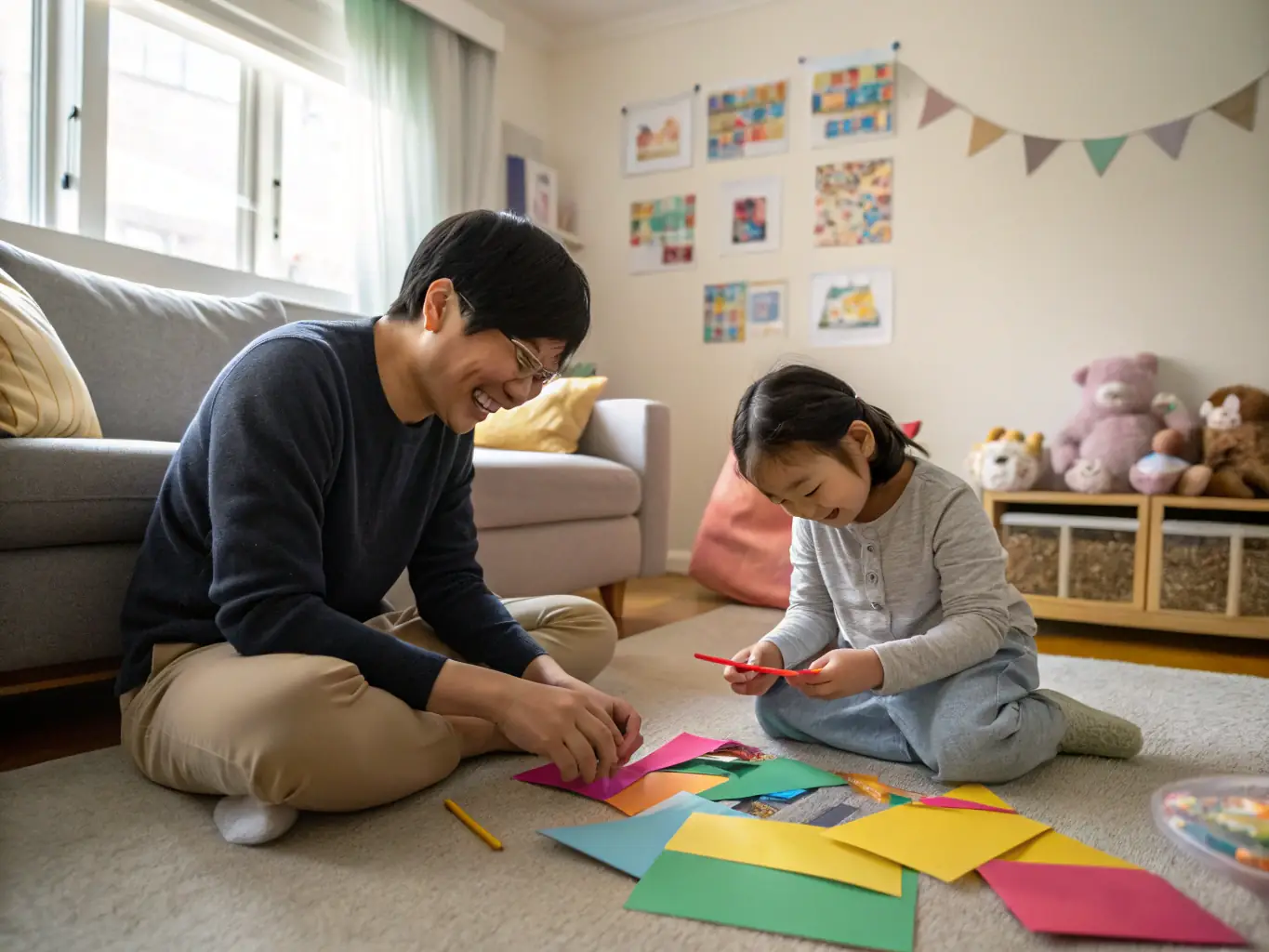 A parent and child engaging in a home practice activity, such as a sensory play activity, in a comfortable and supportive home environment.