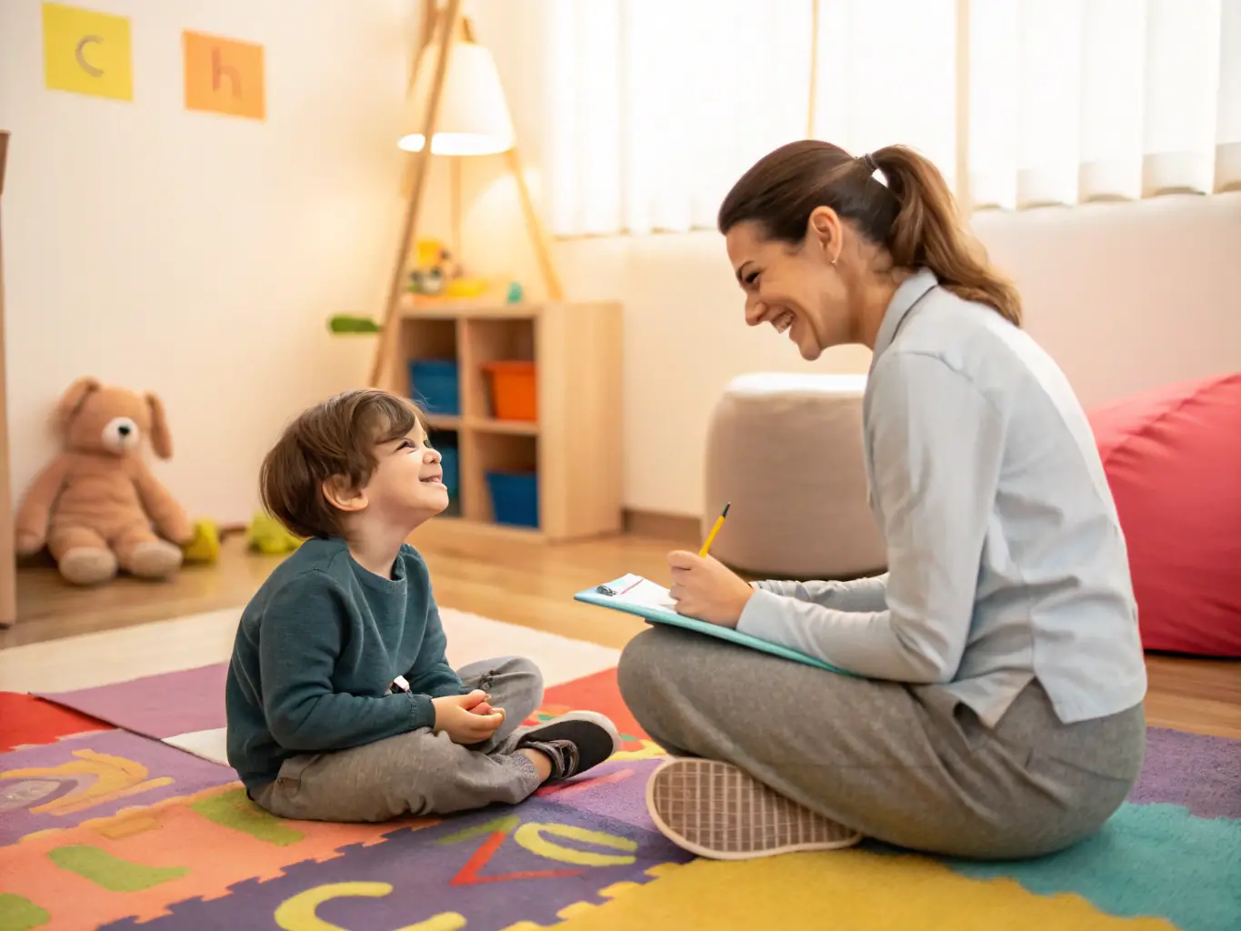 Imagen de una terapeuta interactuando con un niño durante una sesión en persona, mostrando un ambiente de apoyo y aprendizaje individualizado.