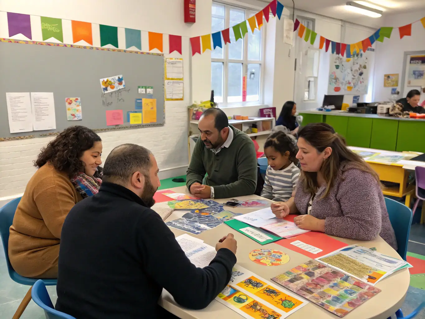 A group of Spanish-speaking parents participating in an in-person session, led by a facilitator, discussing strategies for supporting their children with autism. The setting is a brightly lit, welcoming community center room.