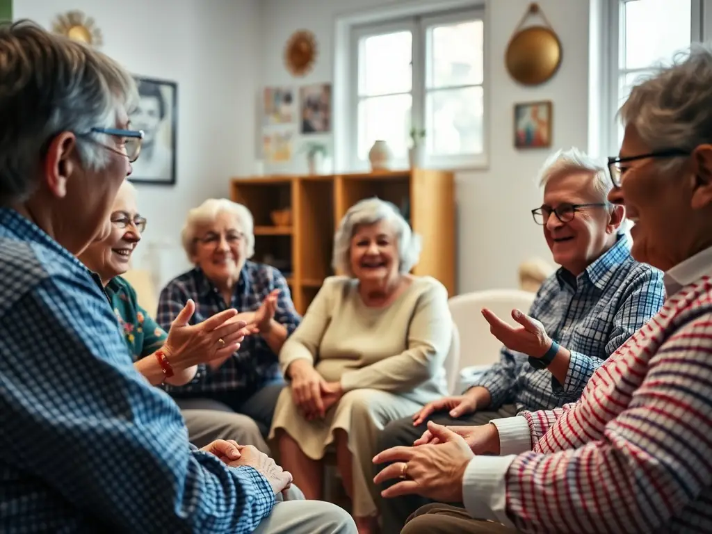 A group of Spanish-speaking parents actively participating in a Creciendo Juntos in-person session, led by a facilitator. The setting is a brightly lit, welcoming community center room.