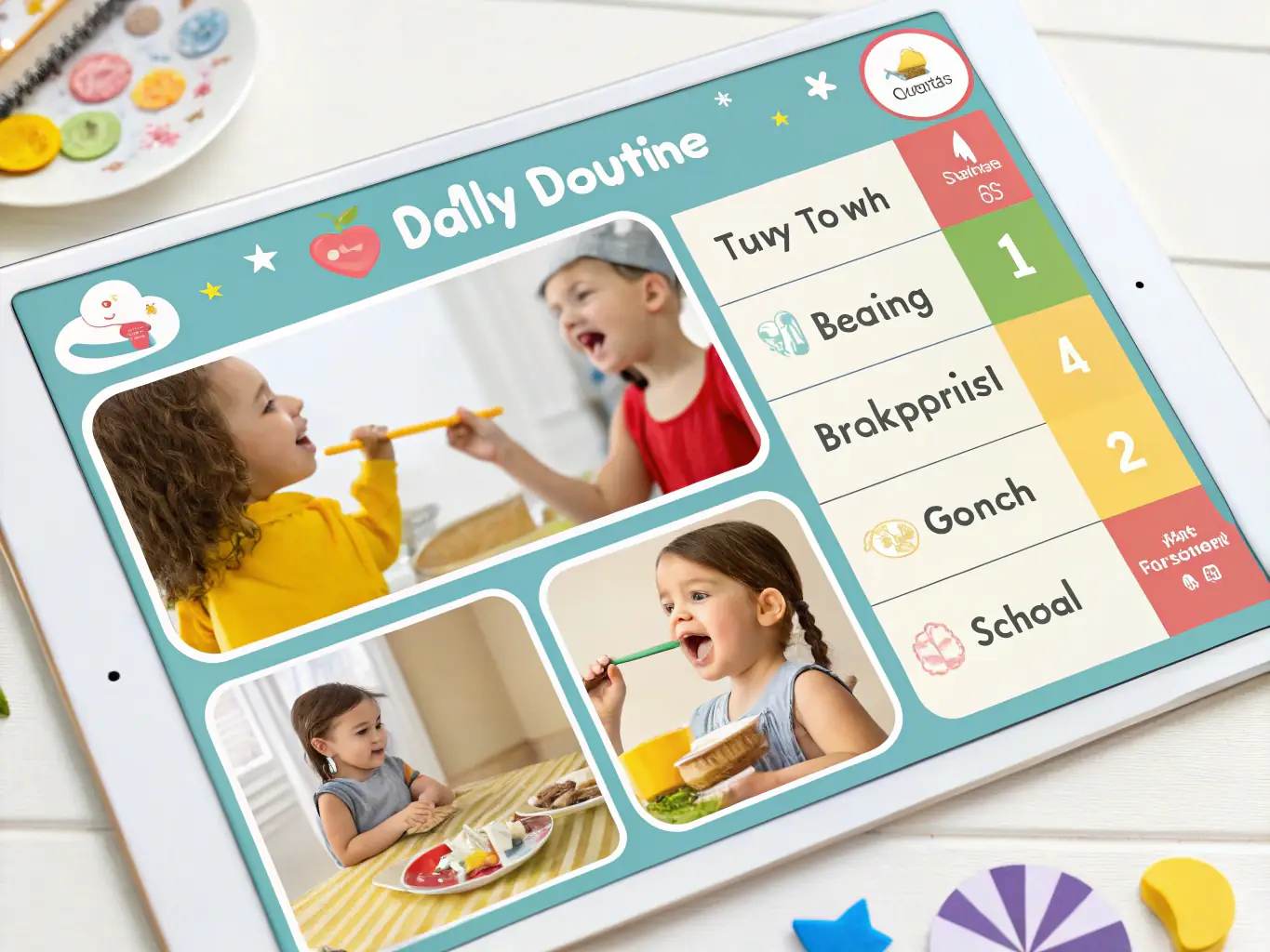 A serene image of a child following a visual schedule displayed on a wall. The schedule includes pictures representing daily activities like brushing teeth, eating breakfast, and going to school. This image represents the 'Routines and Structure' module.