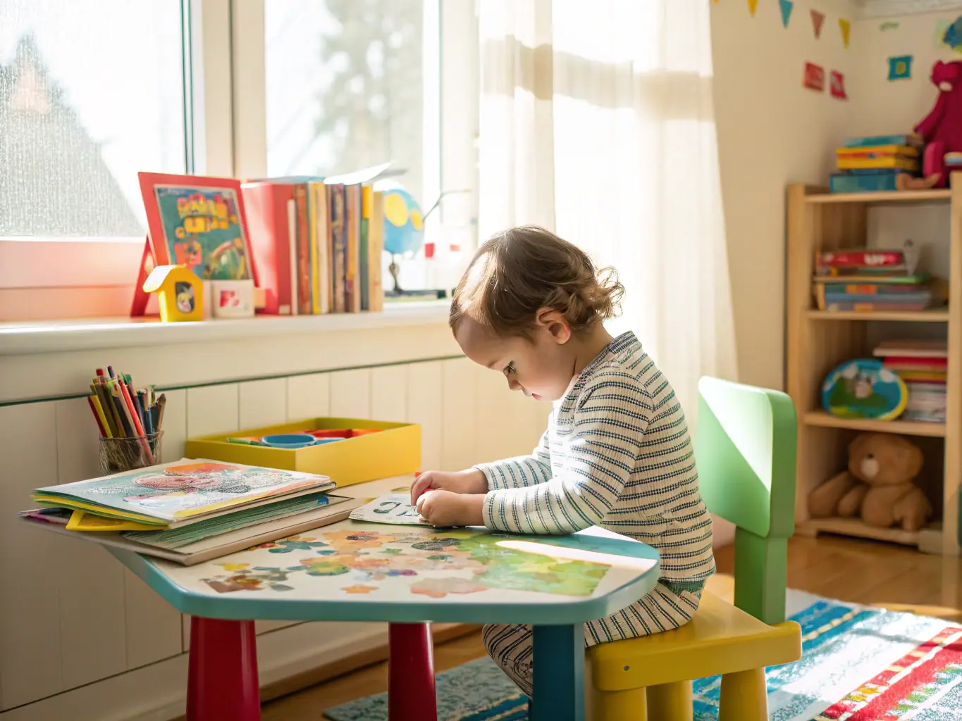 An image of a child happily engaging in a sensory activity, such as playing with textured toys or painting. The scene should be bright and inviting.