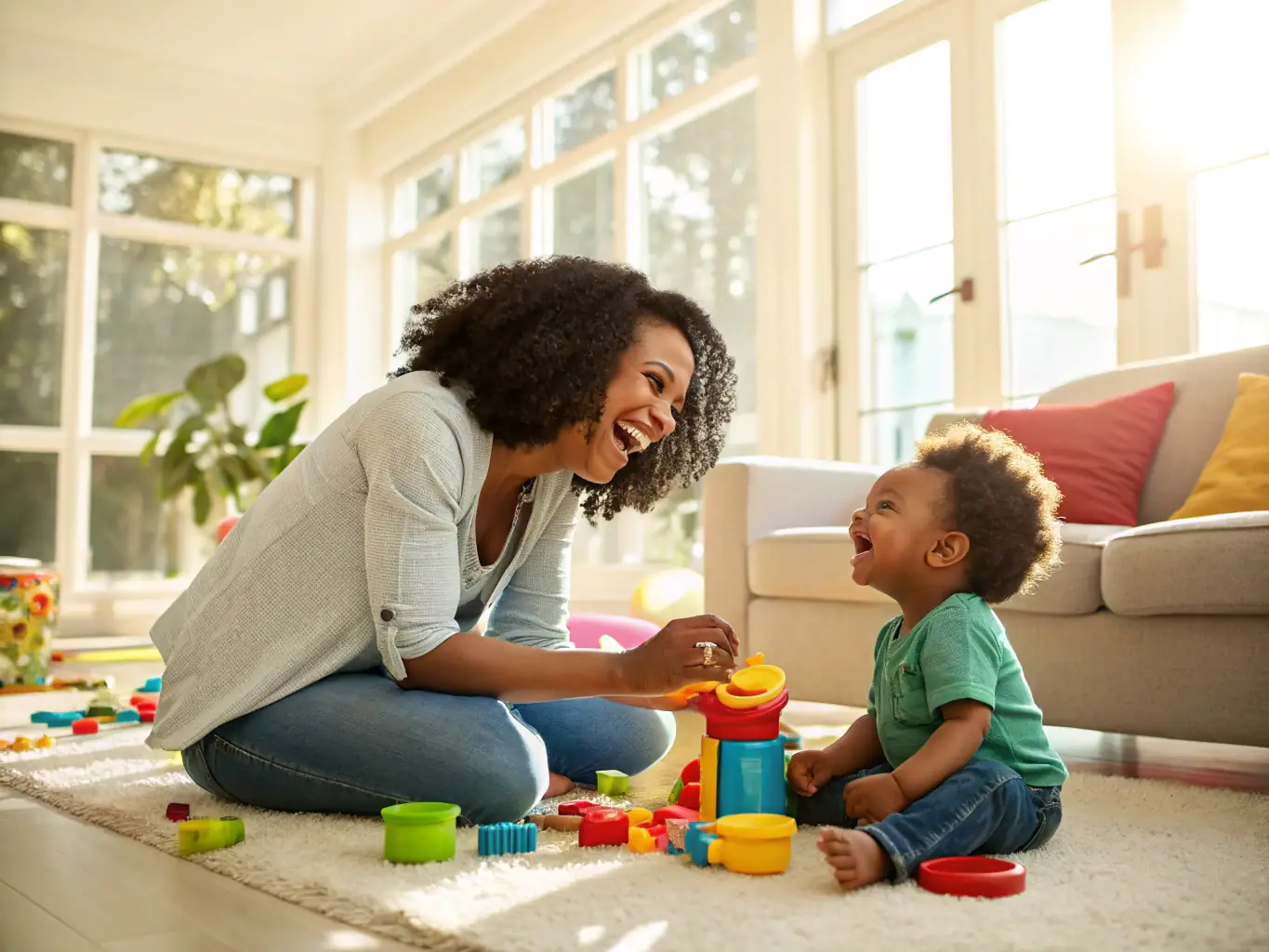 Imagen de una madre hispana sonriendo mientras juega con su hijo pequeño, ambos sentados en el suelo con juguetes educativos. El ambiente es cálido y acogedor, representando el apoyo familiar.