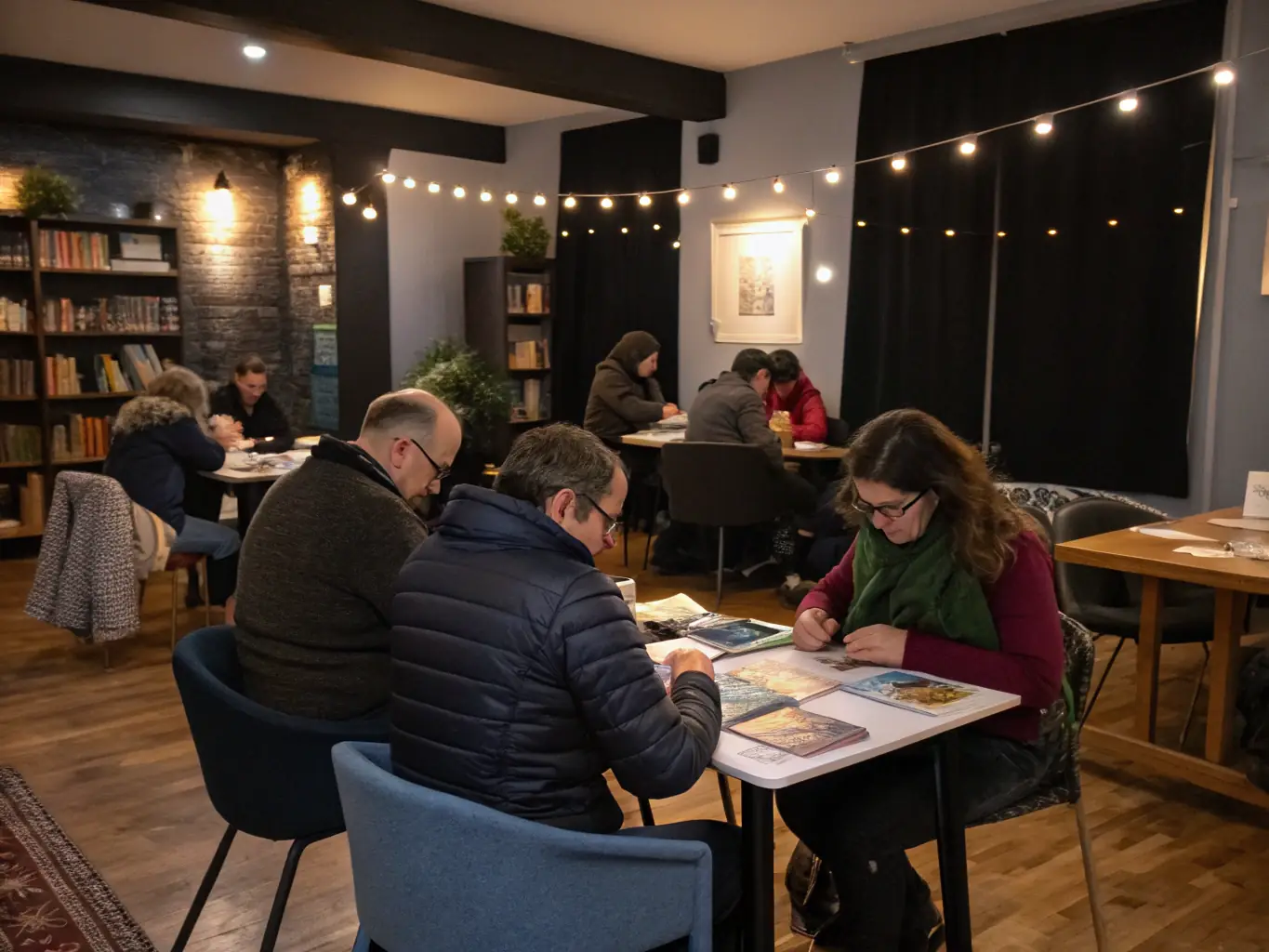A group of Spanish-speaking parents actively participating in a Creciendo Juntos in-person session, with a facilitator guiding them through an activity. The setting is warm and inviting, reflecting a supportive community environment.
